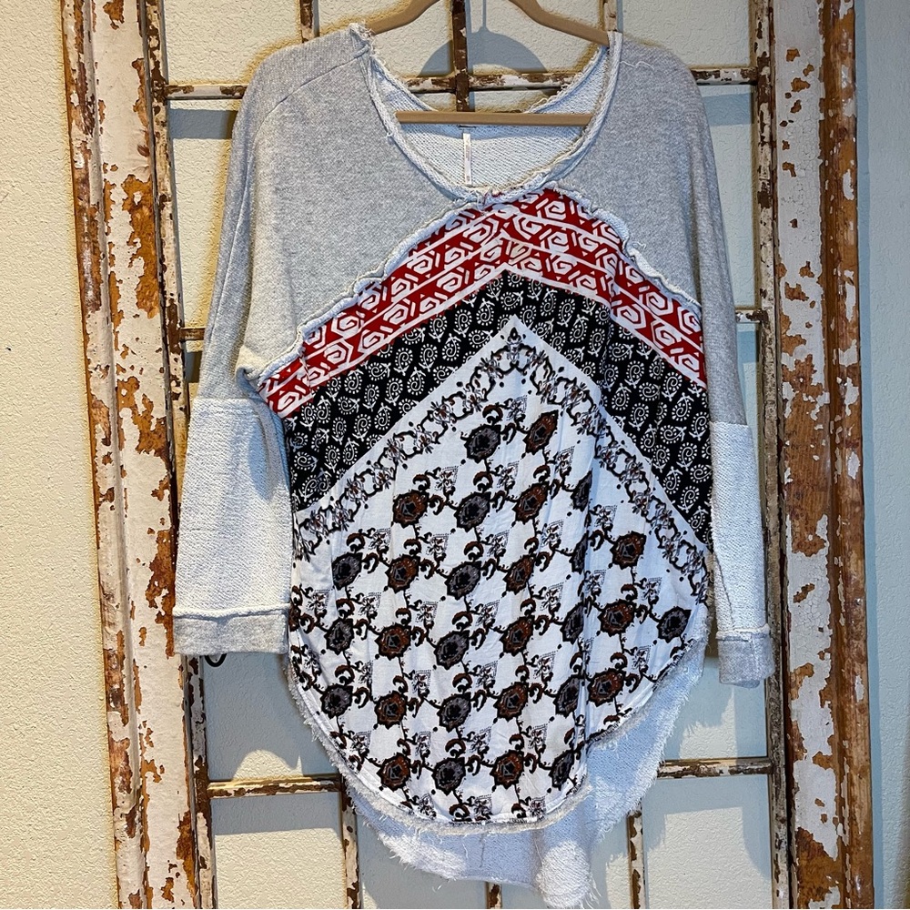 Free People Del Rey Bandana Long Raw Edge Round Hem Top xs